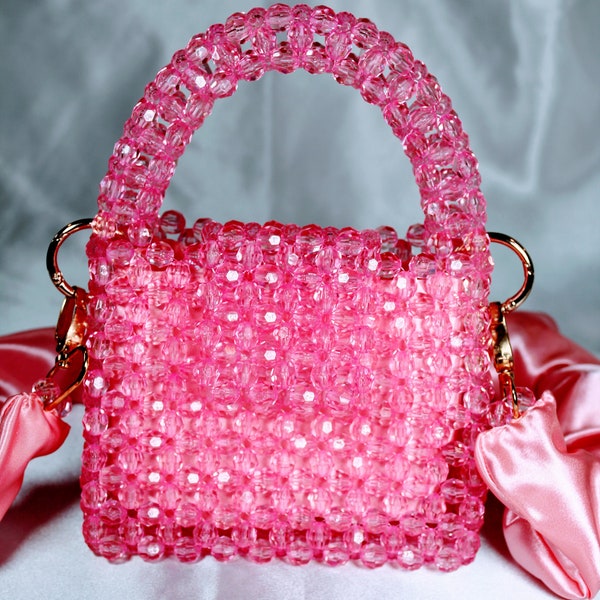 sac en perle Rose crystal, sac anse en perle, sac de perle acrylique