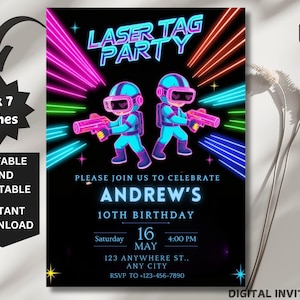 EDITABLE Laser Tag Birthday Invitation, Laser Tag Party Invite Template, Neon Red Glow Laser Tag, Boy Birthday, 5x7 Canva Instant Download