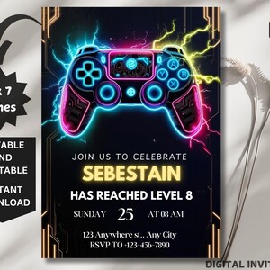 Video Game Party Invitation, EDITABLE Level Up Birthday Invite, Blue Neon Glow Invite, Glow Video Gamer Boy Template Arcade Party Invitation