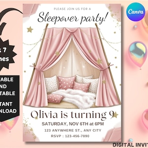 Sleepover Birthday Invitation, Slumber Party Birthday Invite, Pajama Party, Neon Sleepover Invitation, Canva Template