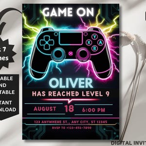 Video Game Party Invitation, EDITABLE Level Up Birthday Invite, Blue Neon Glow Invite, Glow Video Gamer Boy Template Arcade Party Invitation