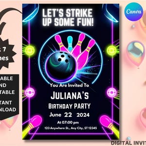 Bowling birthday invitation editable template | let&#39;s strike up some fun bowling party invitation | rainbow neon glow girls birthday invite