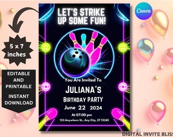 Invitación de cumpleaños de bolos: Arcoíris neón (Plantilla editable)