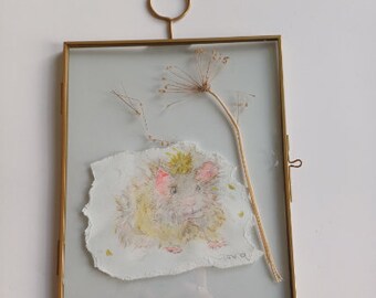 Original guinea pig and dandelions framed watercolour