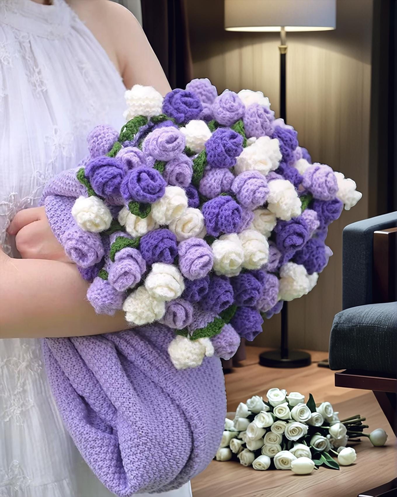 かぎ針編みの紫のバラの花束ブランケット - ハンドメイドコットン