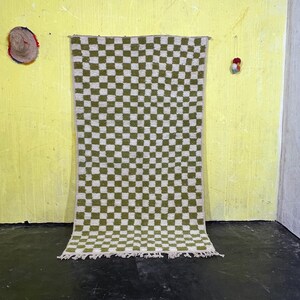 Checkered Olive Green Rug, Beni ourain rug Style, Large area rug, Hand knotted Berber wool rug, Moroccan Checkered Rug, Shaggy Rug, 9x12 ft