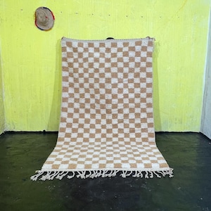 Checkered Beige Rug, Beni ourain rug Style, Moroccan Large area rug, Hand knotted Berber wool rug, Moroccan Checkered Shaggy Rug, 9x12 ft