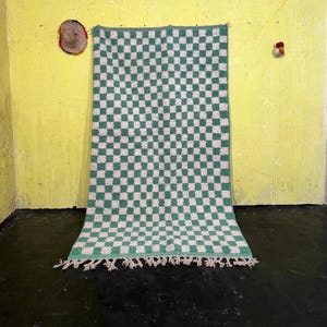 Checkered Pistachio Green Rug, Beni ourain rug Style, Large area rug, Hand knotted Berber wool rug, Moroccan Shaggy Checkered Rug, 9x12 f
