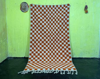 Hand Knotted Checkered Moroccan Rug, Berber Wool, Orange & White, 9x12 ft