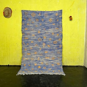 Moroccan Blue Kilim Rug, Moroccan Area rug, Berber Wool rug, Moroccan Flatweave Rug, Zanafi Rug Style, Moroccan Handwoven rug, 7x10 ft