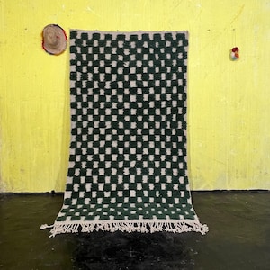 Checkered Dark Green Kilim Rug, Beni ourain rug Style, Large area rug, Hand knotted Berber wool rug, Moroccan Shaggy Checkered Rug, 9x12 ft