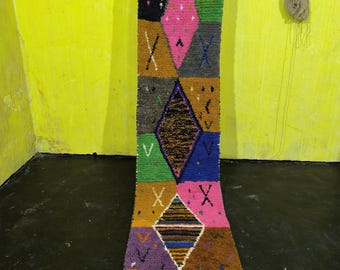 Colorful Wool Berber Runner Rug, Handmade Moroccan Hallway Rug