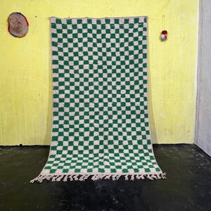 Checkered Green Rug, Beni ourain rug Style, Large area rug, Hand knotted Berber wool rug, Moroccan Checkered Rug, Shaggy Rug, 9x12 ft