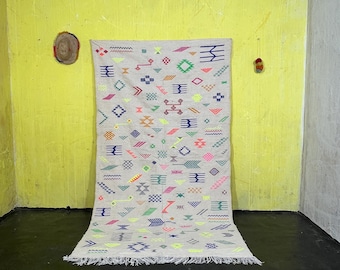 Tapete Kilim de lã tecido à mão, colorido, estilo berbere, 2,4 x 3 m
