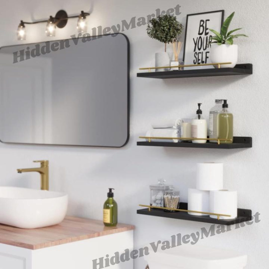 Set of 3 Wooden Shelf With Black Metal Rail |modern Shelves | Floating ...