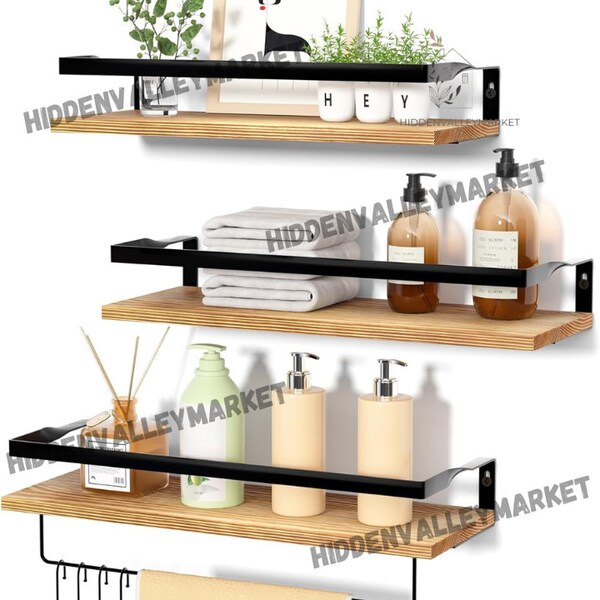 Set Of 3 Floating Shelf With Removable Towel Bar | Wall Mounted Shelving For Bathroom Kitchen | Wall Decor And Organizer For Bedroom