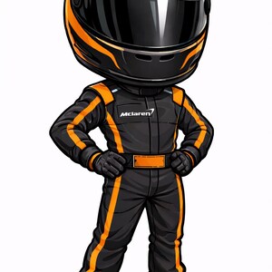 Könnte beinhalten: Cartoon-Illustration eines Rennfahrers in einem schwarz-orangenen Rennanzug und Helm. Der Helm hat die Nummer 1. Der Anzug hat das McLaren-Logo.
