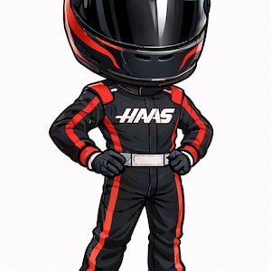Op de afbeelding: Cartoon illustratie van een autocoureur in een zwart-rood racepak en helm. De helm heeft het nummer 31. Op het pak staat het woord "HAAS". De coureur draagt zwarte handschoenen en witte schoenen.