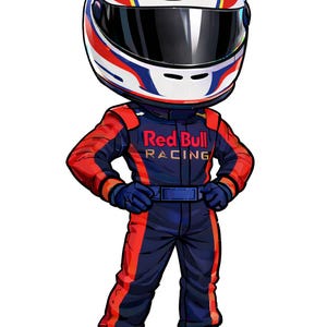 May include: Cartoon illustration of a race car driver in a blue and red racing suit and helmet. The helmet is white with red, blue, and yellow stripes and the number 3. The suit has the Red Bull Racing logo.