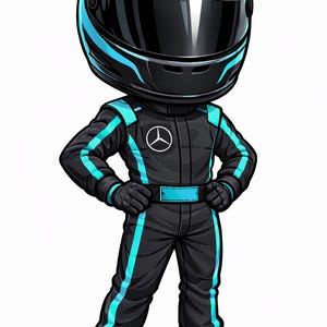 May include: Cartoon illustration of a race car driver in a black and teal racing suit and helmet. The helmet has the number 63 on it. The suit has teal stripes and the Mercedes logo.