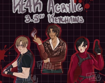 May include: Rear acrylic keychains featuring three character illustrations. The keychains are 8.89 cm in height. The characters are depicted in various poses, with one holding a gun and another holding a lit cigarette.