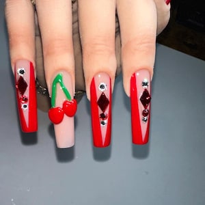 Long Tapered Square Acrylic Press On Nails with hand designed 3D Cherries and High Quality Rhinestones.