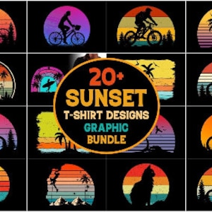 May include: A collection of 20+ sunset themed graphic designs for t-shirts. The designs feature silhouettes of people riding bikes, surfing, and relaxing in a sunset landscape.