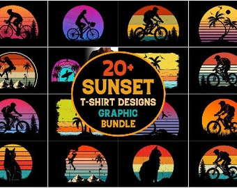 20+ Sunset t-shirt designs Graphic Bundle, Stickers Retro vintage Colorful