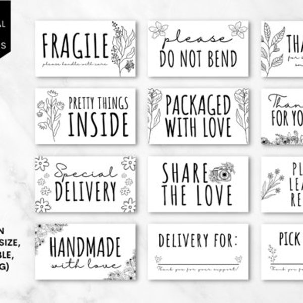 12 Floral Thermal Label Design Bundle , Thermal Label , Prinable Packaging Stickers, Png, Thermal Stickers, Thank you Stickers