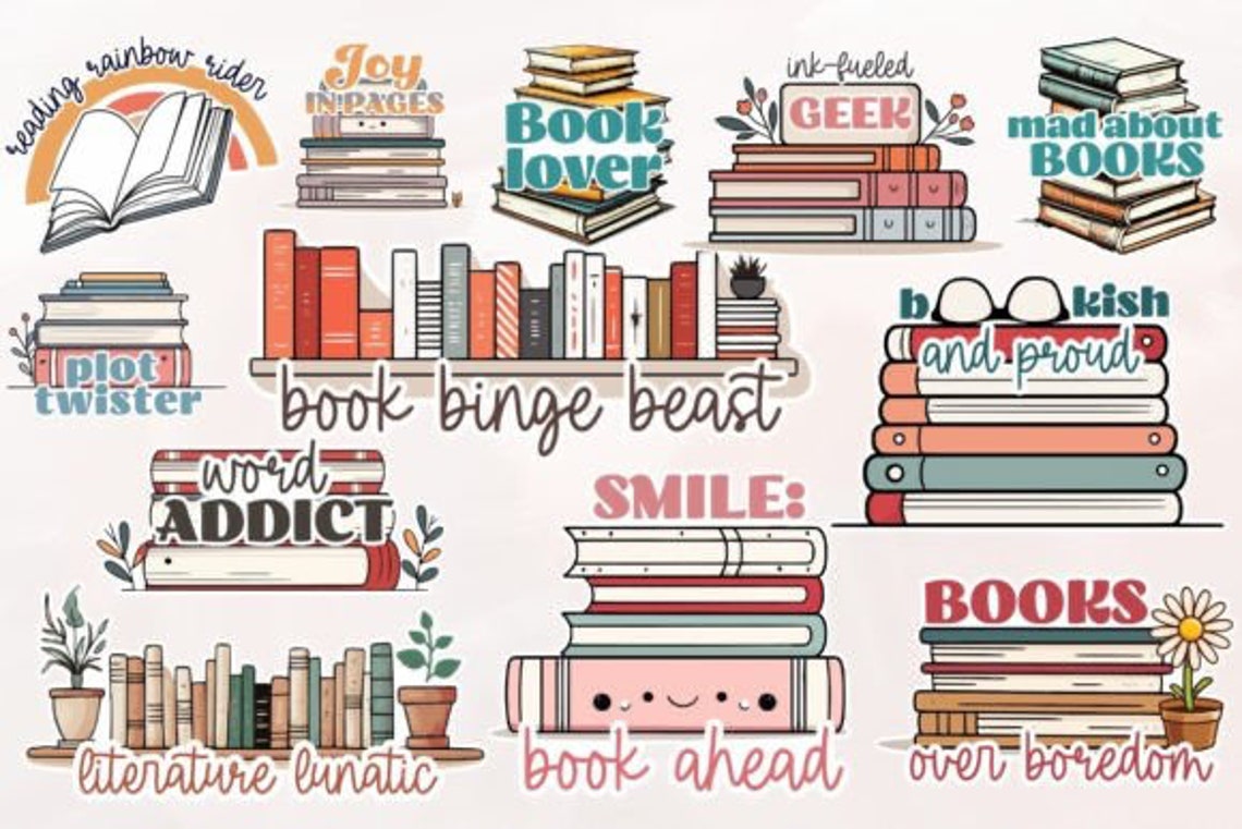Bookish Reading Journal, Printable Book Lover Stickers PNG Stickers ...