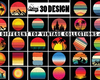 May include: A collection of 30 vintage design elements featuring retro sun, mountain, and palm tree illustrations in a variety of colors and patterns. The designs are perfect for creating unique and stylish graphics for t-shirts, posters, and other projects.