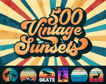 500 pacchetti di disegni di t-shirt retrò - Collezione Vintage Sunset per l'ispirazione - Boho Designs SVG