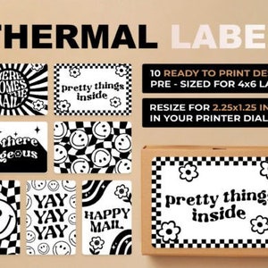 Puede incluir: Diez etiquetas térmicas imprimibles en blanco y negro con varios diseños. Los diseños incluyen caras sonrientes, patrones a cuadros y texto que dice "Here comes the mail", "pretty things inside", "hey there gorgeous", "Yay Yay Yay", "Happy Mail" y "pretty things inside".