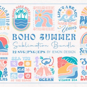 May include: A set of 12 colorful digital illustrations with a summer theme. The illustrations feature beach scenes, sunsets, waves, palm trees, seashells, and the words "boho summer", "sunshine", "beach vibes", "summer vibes", "find me under the palms", "sea you at the beach", "meet me at the ocean", "vitamin sea", "we dance?" and "sunshine state of mind".