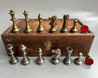 Antique metal Italian chess set Metal chess set vintage with chess box in very good condition
