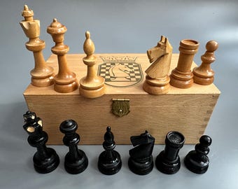 Rarest German Wooden chess set 70s in very good condition. Great gift for mens, chess lovers and collectors!