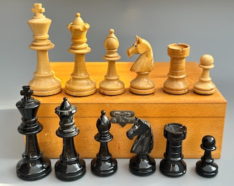 Antique or Vintage German Staunton Chess Set Old Handmade Weighted Chess Set with Glass Eyed Knights, Original Storage Box