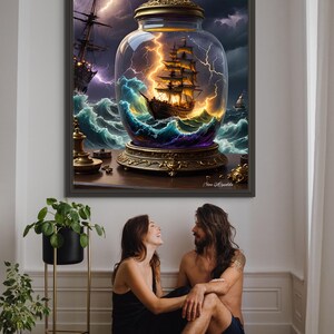 May include: A framed artwork depicts a ship in a glass jar, surrounded by stormy seas and lightning. The jar sits on a decorative base. A couple sits on the floor in front of the artwork. The artwork is in a dark frame.