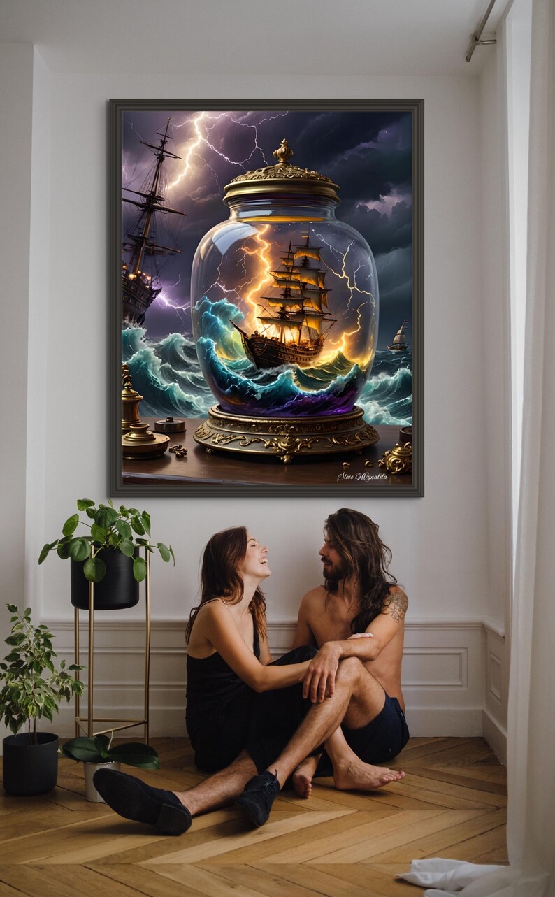 May include: A framed artwork depicts a ship in a glass jar, surrounded by stormy seas and lightning. The jar sits on a decorative base. A couple sits on the floor in front of the artwork. The artwork is in a dark frame.