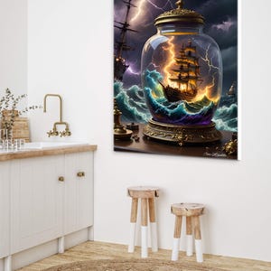 May include: A framed artwork depicts a ship in a bottle, with a stormy sea and lightning. The glass jar has a gold-colored lid and base. The background shows a dark sky and other ships. The artwork is displayed in a room with wooden stools.