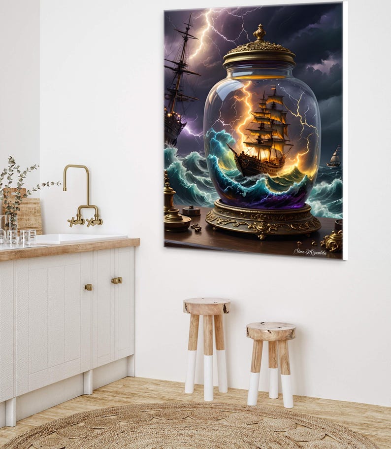 May include: A framed artwork depicts a ship in a bottle, with a stormy sea and lightning. The glass jar has a gold-colored lid and base. The background shows a dark sky and other ships. The artwork is displayed in a room with wooden stools.