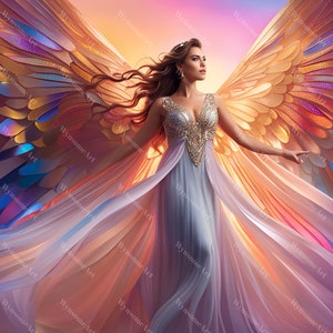 Può includere: Una donna con lunghi capelli fluenti e una corona sta in piedi con le braccia distese, indossando un abito bianco fluttuante con ricami dorati. Ha grandi ali iridescenti con piume dorate, blu e viola. Lo sfondo è una sfocatura di rosa, arancione e viola.