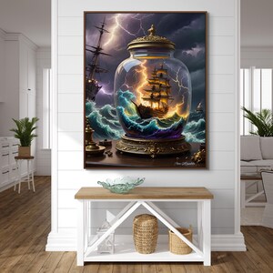 May include: A framed artwork depicts a ship in a bottle, with a stormy sea and lightning. The ship is a detailed, golden-sailed vessel. The bottle sits on an ornate, golden base, with a dark, stormy sky as the backdrop.