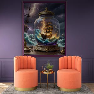 May include: A framed artwork depicts a ship in a glass jar, surrounded by a stormy sea and lightning. The artwork is displayed above two orange velvet armchairs with gold bases, and a small side table with a plant.