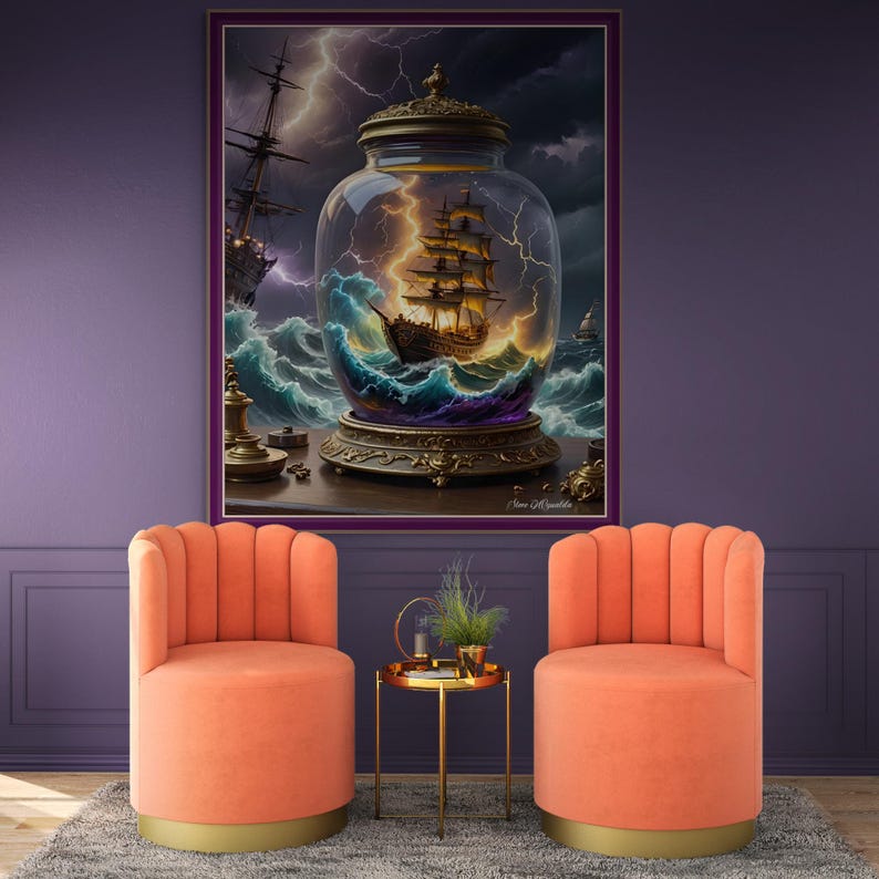 May include: A framed artwork depicts a ship in a glass jar, surrounded by a stormy sea and lightning. The artwork is displayed above two orange velvet armchairs with gold bases, and a small side table with a plant.