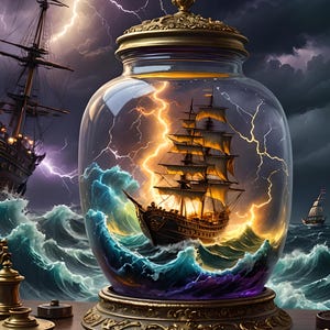 May include: A decorative glass jar with a golden lid and base, featuring a detailed ship sailing through stormy waves with lightning. The scene is set against a dark, dramatic sky, creating a captivating nautical theme.