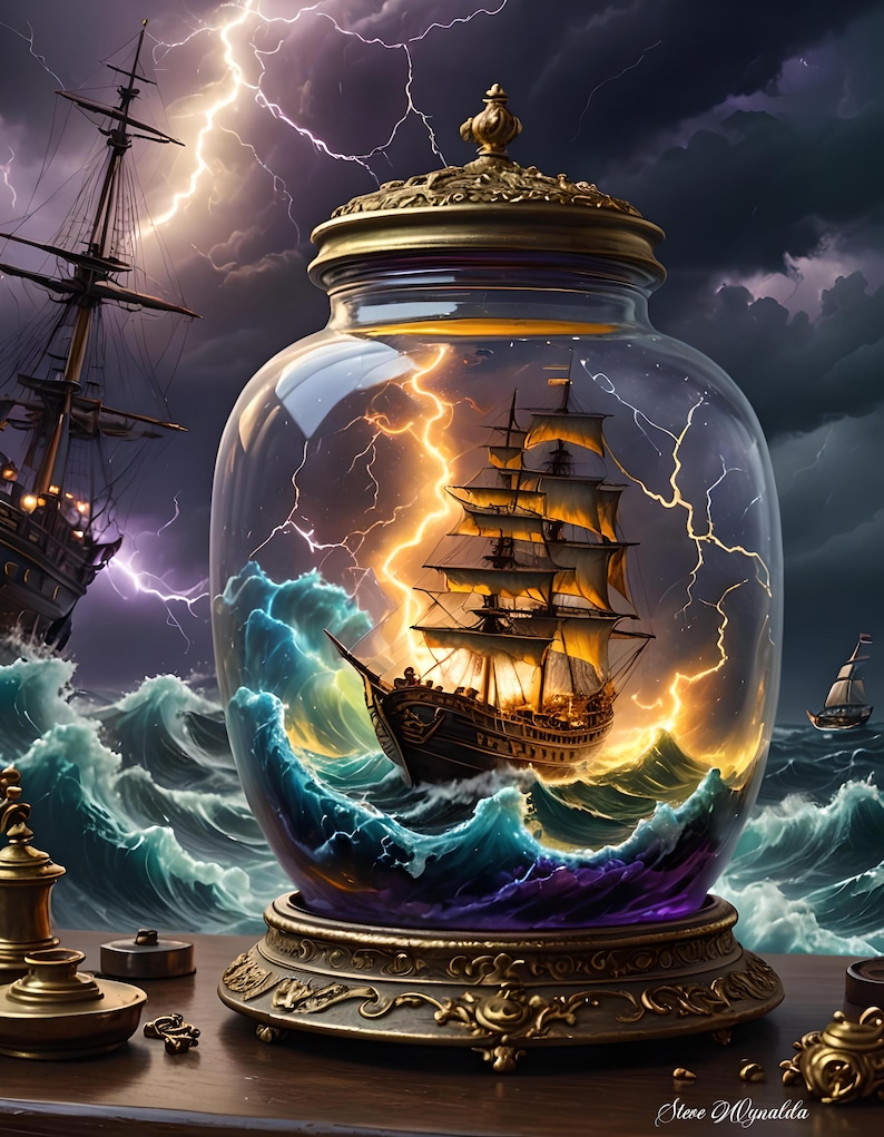 May include: A decorative glass jar with a golden lid and base, featuring a detailed ship sailing through stormy waves with lightning. The scene is set against a dark, dramatic sky, creating a captivating nautical theme.