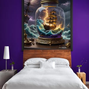 May include: A framed artwork depicts a ship in a glass jar amidst a storm, with lightning and waves. The jar has a decorative gold base and lid. The artwork is displayed above a bed with white bedding and a wooden headboard.