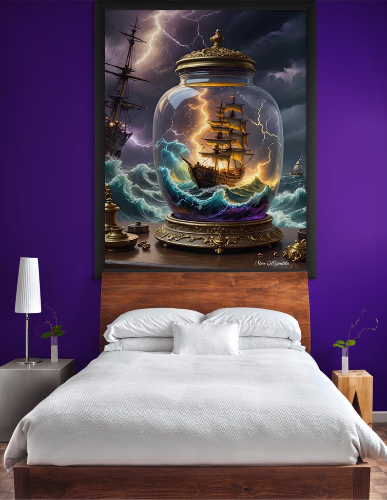 May include: A framed artwork depicts a ship in a glass jar amidst a storm, with lightning and waves. The jar has a decorative gold base and lid. The artwork is displayed above a bed with white bedding and a wooden headboard.