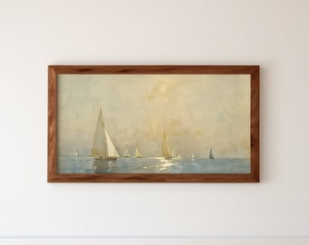 Impresión de acuarela de regata vintage, pintura de flota de veleros, paisaje marino inspirado en Winslow Homer, arte de pared náutica, cartel de barco oceánico de playa